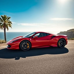 A stunning red supercar parked on a picturesque coastal road with a breathtaking view of the ocean and cliffs in the background