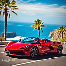 A stunning red supercar parked on a picturesque coastal road with a breathtaking view of the ocean and cliffs in the background