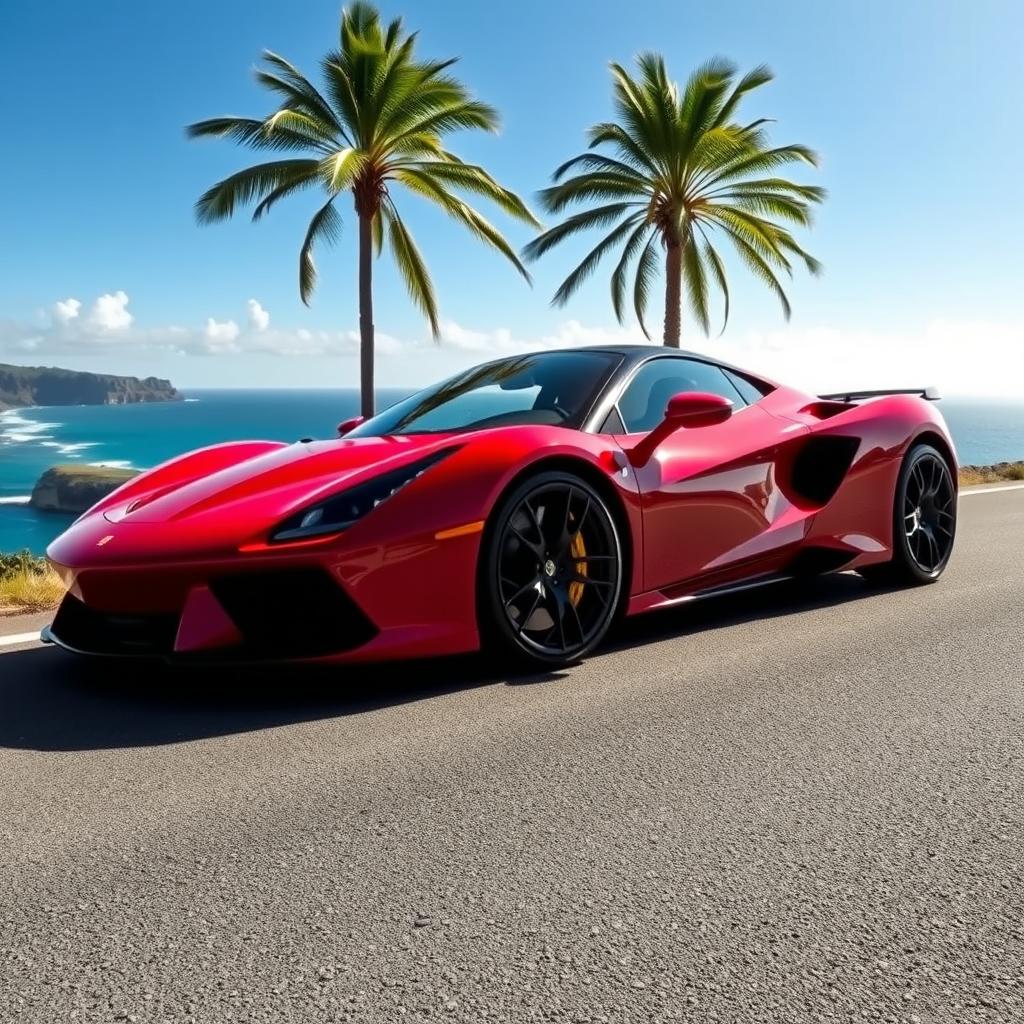 A stunning red supercar parked on a picturesque coastal road with a breathtaking view of the ocean and cliffs in the background