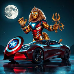 A striking image of a powerful lion clad in a futuristic Iron Man suit, adorned with sparkling kingly jewelry that radiates luxury