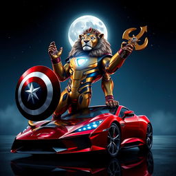 A striking image of a powerful lion clad in a futuristic Iron Man suit, adorned with sparkling kingly jewelry that radiates luxury
