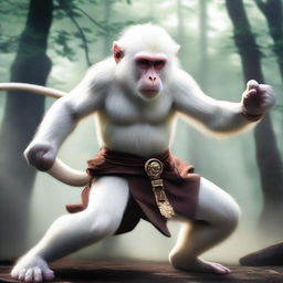 A semi-realistic digital art image depicting a white monkey as a wandering warrior engaged in an epic battle