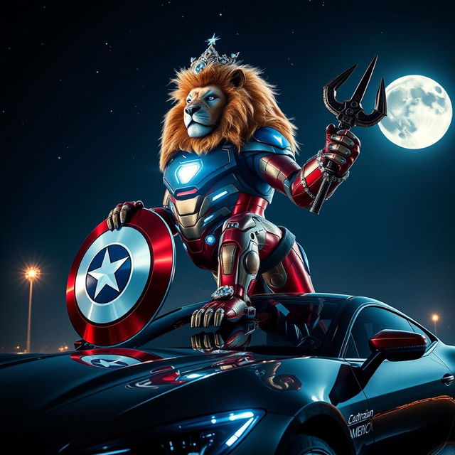 A striking image of a powerful lion clad in a futuristic Iron Man suit, adorned with sparkling kingly jewelry that radiates luxury