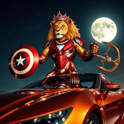 A striking image of a powerful lion clad in a futuristic Iron Man suit, adorned with sparkling kingly jewelry that radiates luxury