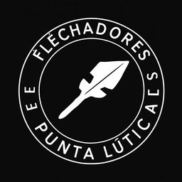 A circular logo design featuring a white silhouette of a lithic arrowhead in the center