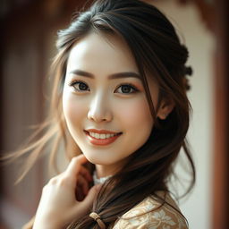 A beautiful Chinese woman with stunning features, possessing bright brown eyes and flowing hair