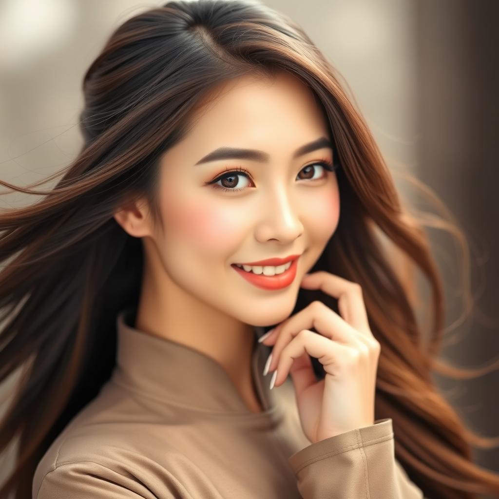 A beautiful Chinese woman with stunning features, possessing bright brown eyes and flowing hair