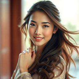 A beautiful Chinese woman with stunning features, possessing bright brown eyes and flowing hair