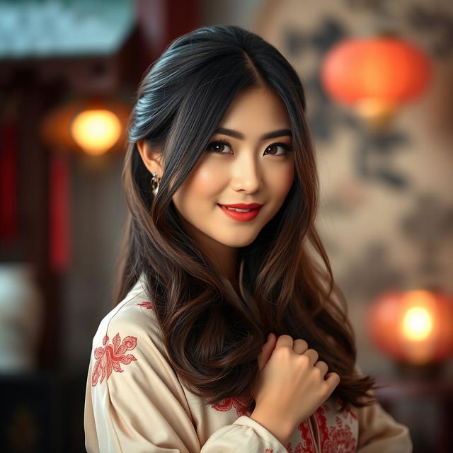 A beautiful Chinese woman with stunning features, possessing bright brown eyes and flowing hair