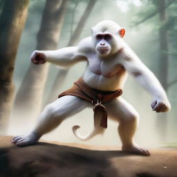 A semi-realistic digital art image depicting a white monkey as a wandering warrior engaged in an epic battle