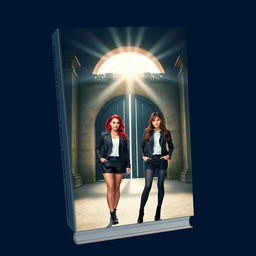 A book cover design featuring two young women dressed in modern clothing, one with striking red hair and the other with rich brown hair