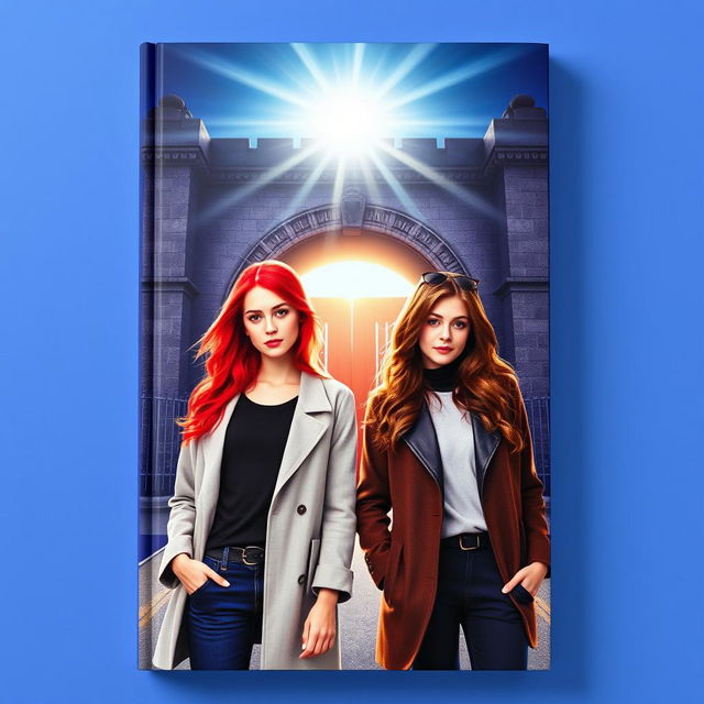 A book cover design featuring two young women dressed in modern clothing, one with striking red hair and the other with rich brown hair