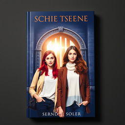 A book cover design featuring two young women dressed in modern clothing, one with striking red hair and the other with rich brown hair