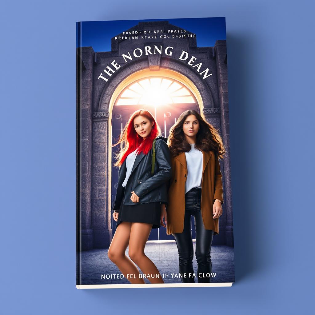 A book cover design featuring two young women dressed in modern clothing, one with striking red hair and the other with rich brown hair