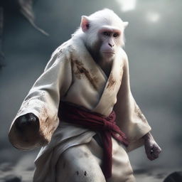 This is a semi-realistic digital art image featuring a white monkey in a tattered robe, depicted as a raging wandering warrior engaged in an epic battle