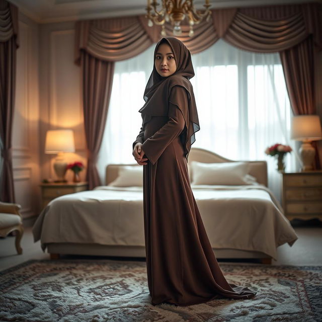 A serene and artistic portrayal of a Thai Muslim girl wearing a hijab, standing gracefully on a plush carpet in a tastefully decorated bedroom