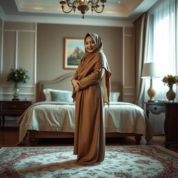 A serene and artistic portrayal of a Thai Muslim girl wearing a hijab, standing gracefully on a plush carpet in a tastefully decorated bedroom