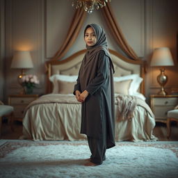 A serene and artistic portrayal of a Thai Muslim girl wearing a hijab, standing gracefully on a plush carpet in a tastefully decorated bedroom
