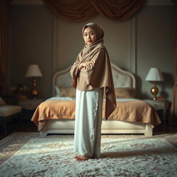 A serene and artistic portrayal of a Thai Muslim girl wearing a hijab, standing gracefully on a plush carpet in a tastefully decorated bedroom