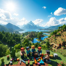An expansive Minecraft landscape featuring a vibrant, blocky world filled with lush green forests, a sparkling blue lake, and a majestic mountain range in the background