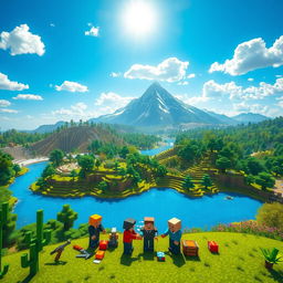 An expansive Minecraft landscape featuring a vibrant, blocky world filled with lush green forests, a sparkling blue lake, and a majestic mountain range in the background