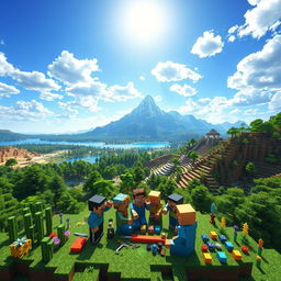 An expansive Minecraft landscape featuring a vibrant, blocky world filled with lush green forests, a sparkling blue lake, and a majestic mountain range in the background
