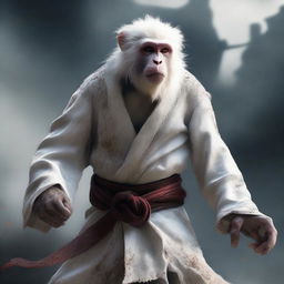 This is a semi-realistic digital art image featuring a white monkey in a tattered robe, depicted as a raging wandering warrior engaged in an epic battle