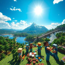 An expansive Minecraft landscape featuring a vibrant, blocky world filled with lush green forests, a sparkling blue lake, and a majestic mountain range in the background