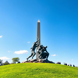 A stunning view of the Iwo Jima Memorial perfectly aligned with the Washington Monument in the background