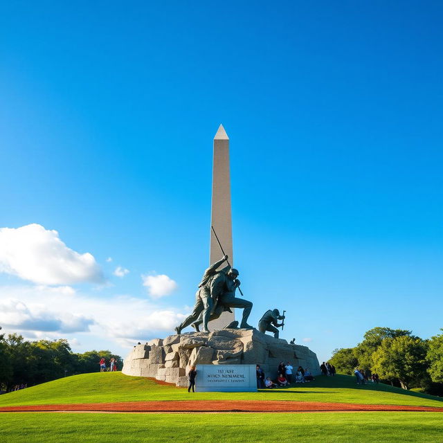 A stunning view of the Iwo Jima Memorial perfectly aligned with the Washington Monument in the background