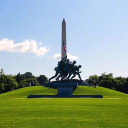 A stunning view of the Iwo Jima Memorial perfectly aligned with the Washington Monument in the background