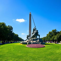 A stunning view of the Iwo Jima Memorial perfectly aligned with the Washington Monument in the background