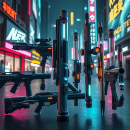 A futuristic scene depicting a variety of polycarbonate tubes designed as advanced weapons