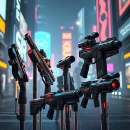 A futuristic scene depicting a variety of polycarbonate tubes designed as advanced weapons