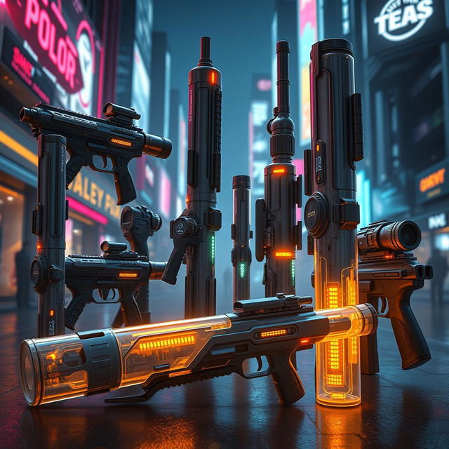 A futuristic scene depicting a variety of polycarbonate tubes designed as advanced weapons