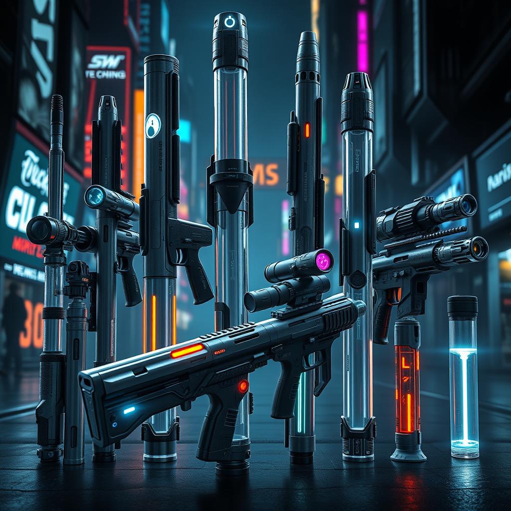 A futuristic scene depicting a variety of polycarbonate tubes designed as advanced weapons