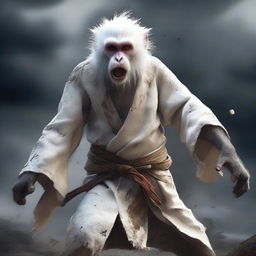 This is a semi-realistic digital art image featuring a white monkey in a tattered robe, depicted as a raging wandering warrior engaged in an epic battle