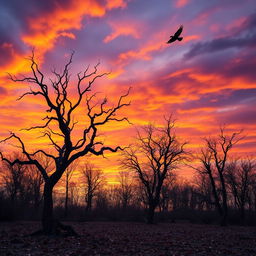 A serene landscape depicting withering trees in the foreground, showcasing their twisted branches and dry leaves, set against a dramatic sunset sky with rich shades of orange and purple
