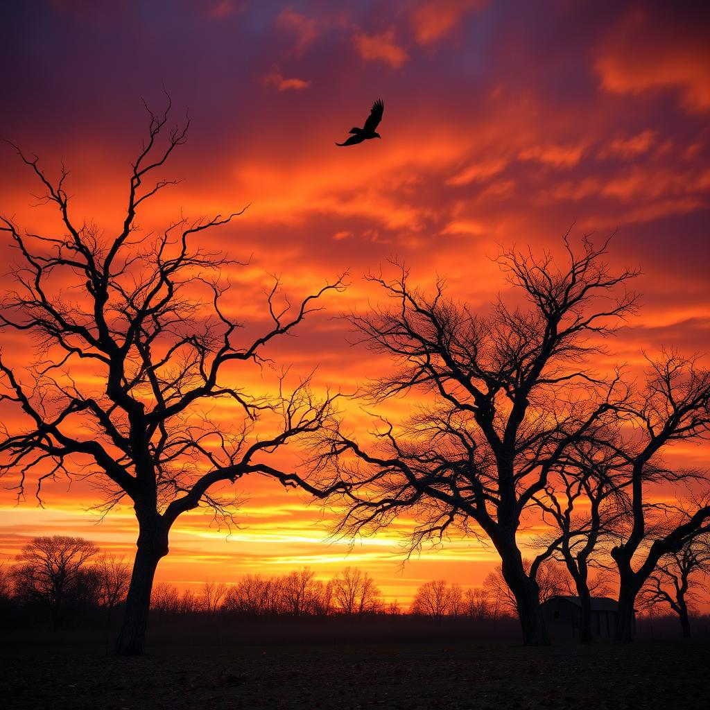 A serene landscape depicting withering trees in the foreground, showcasing their twisted branches and dry leaves, set against a dramatic sunset sky with rich shades of orange and purple