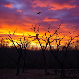 A serene landscape depicting withering trees in the foreground, showcasing their twisted branches and dry leaves, set against a dramatic sunset sky with rich shades of orange and purple