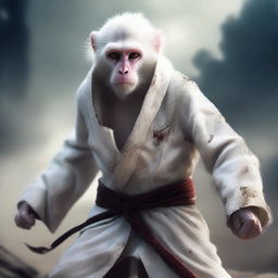 This is a semi-realistic digital art image featuring a white monkey in a tattered robe, depicted as a raging wandering warrior engaged in an epic battle