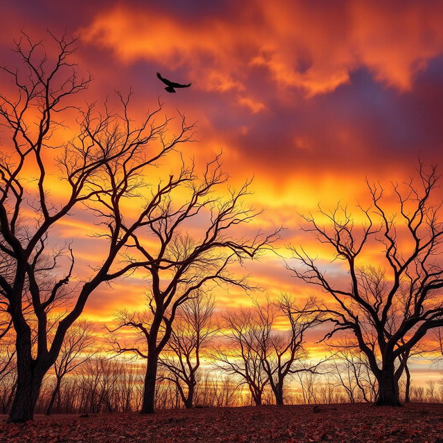 A serene landscape depicting withering trees in the foreground, showcasing their twisted branches and dry leaves, set against a dramatic sunset sky with rich shades of orange and purple