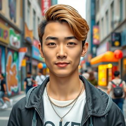 A handsome young Chinese man with beautiful features, sporting light brown hair and bright brown eyes