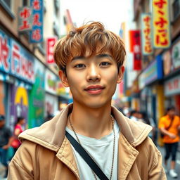 A handsome young Chinese man with beautiful features, sporting light brown hair and bright brown eyes