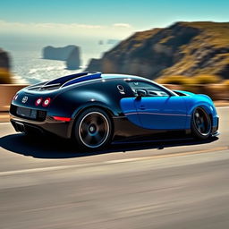 A stunningly detailed Bugatti Veyron in motion, showcasing its sleek aerodynamic design, vibrant blue and black color scheme, with reflections from a bright sun