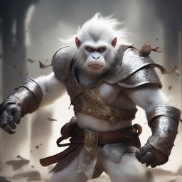 This is a semi-realistic digital art image featuring a raging white monkey in a battered armor, depicted as a wandering warrior in the midst of an epic battle