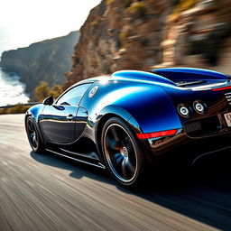 A stunningly detailed Bugatti Veyron in motion, showcasing its sleek aerodynamic design, vibrant blue and black color scheme, with reflections from a bright sun
