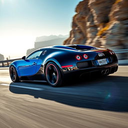 A stunningly detailed Bugatti Veyron in motion, showcasing its sleek aerodynamic design, vibrant blue and black color scheme, with reflections from a bright sun