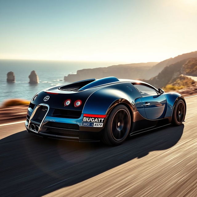 A stunningly detailed Bugatti Veyron in motion, showcasing its sleek aerodynamic design, vibrant blue and black color scheme, with reflections from a bright sun