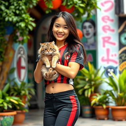 A beautiful Asian Filipino girl wearing stylish hot pants and a snug AC Milan crop top jersey, confidently showcasing her trendy outfit